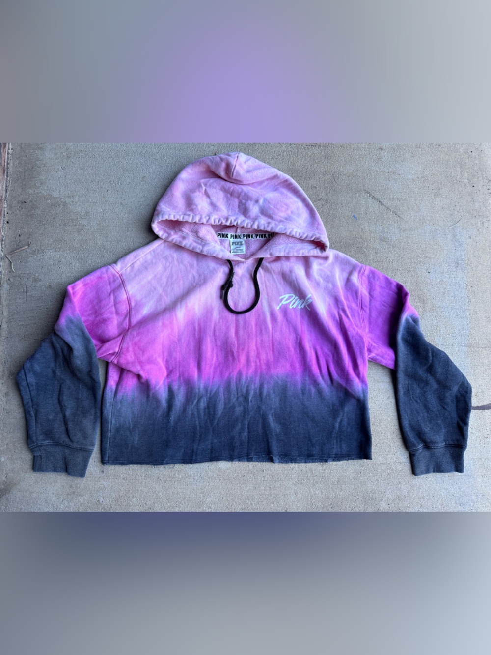 PINK Victoria's Secret Pink-to-Gray Tie-Dye Cropped Hoodie Sweater Size L